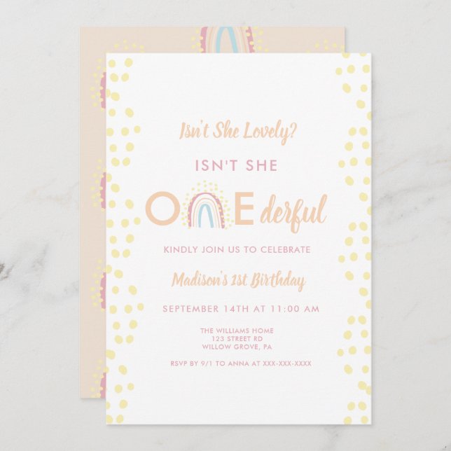 Invitation Boho Rainbow Girl Lovely Onederful Anniversaire (Devant / Derrière)