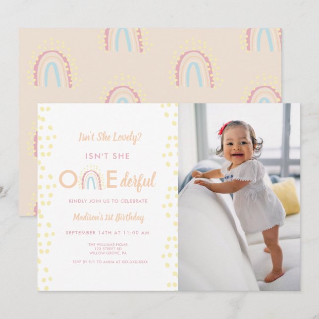 Invitation Boho Rainbow Girl Lovely Onederful Photo Anniversa (Devant / Derrière)