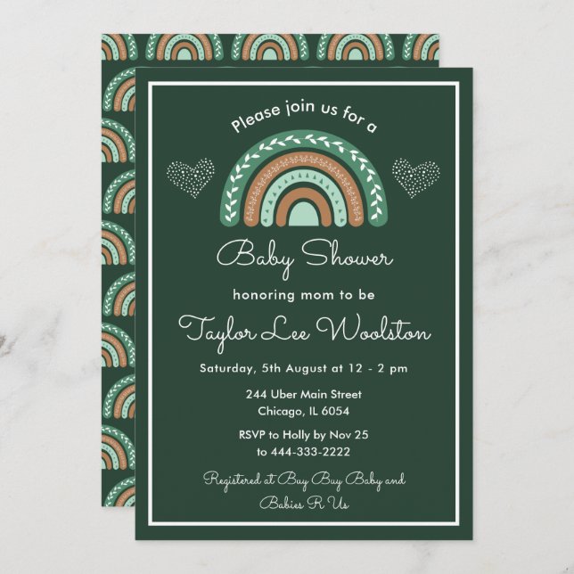 Invitation Boho Rainbow Green et Baby shower Brown (Devant / Derrière)