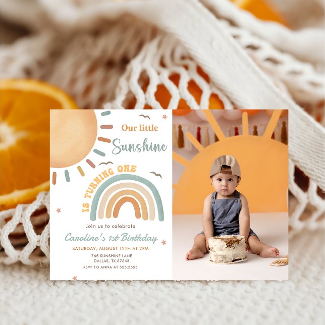 Invitation Boho Rainbow Little Sunshine 1er Anniversaire Phot (Créateur téléchargé)