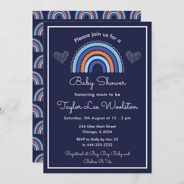 Invitation Boho Rainbow Navy Baby shower bleu (Devant / Derrière)