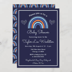 Invitation Boho Rainbow Navy Baby shower bleu