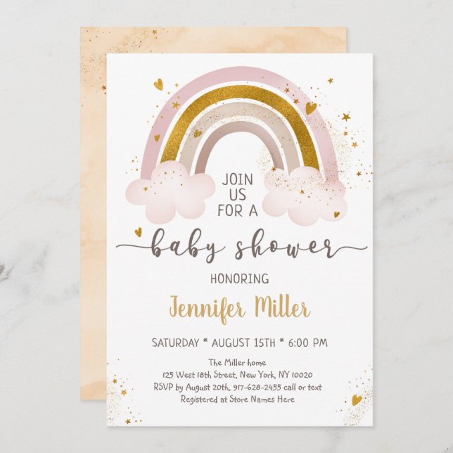 Invitation Boho Rainbow Neutral Gold Baby shower (Devant / Derrière)