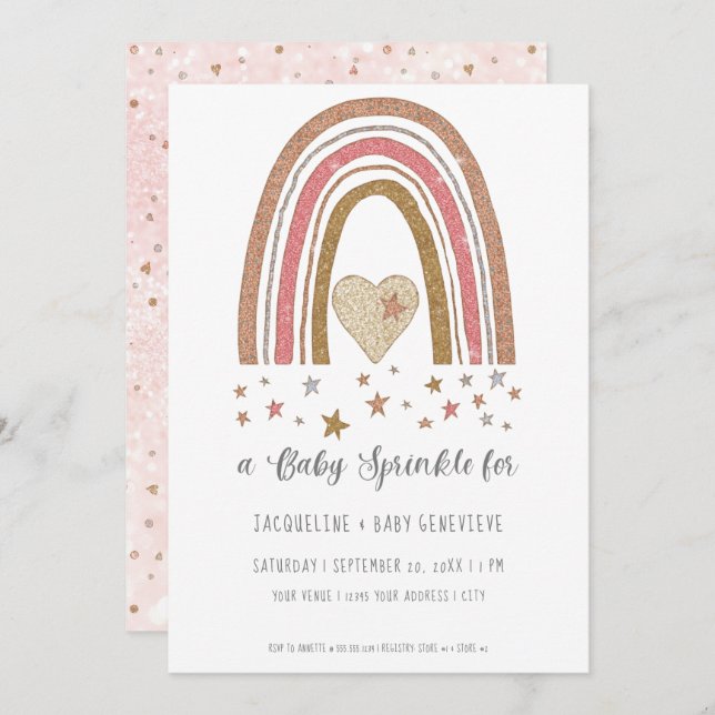 Invitation BOHO Rainbow Parties scintillant Rose Gold Girl Ba (Devant / Derrière)