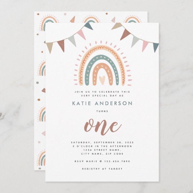 Invitation Boho Rainbow Pastel Fiesta Premier anniversaire (Devant / Derrière)