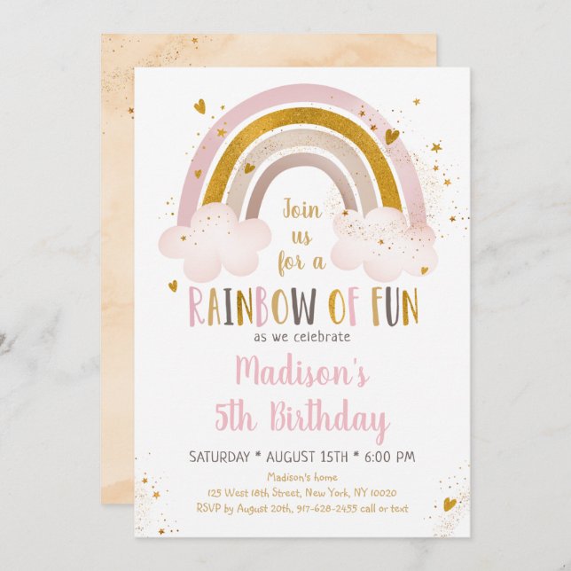 Invitation Boho Rainbow Pink Gold Anniversaire (Devant / Derrière)