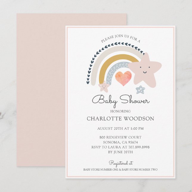 Invitation Boho Rainbow rose Heart Girl Baby shower (Devant / Derrière)