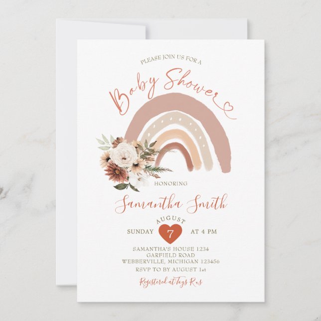Invitation Boho Rainbow Terracota Baby shower Floral (Devant)