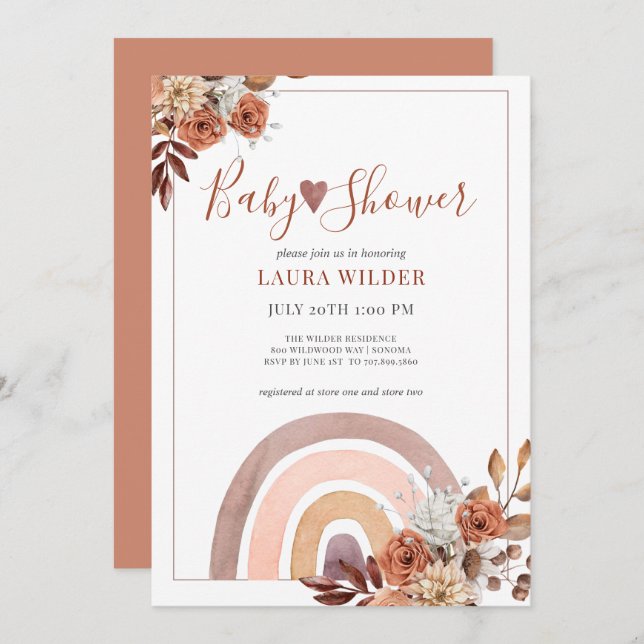 Invitation Boho Rainbow Terracotta Burnt Orange Baby shower (Devant / Derrière)