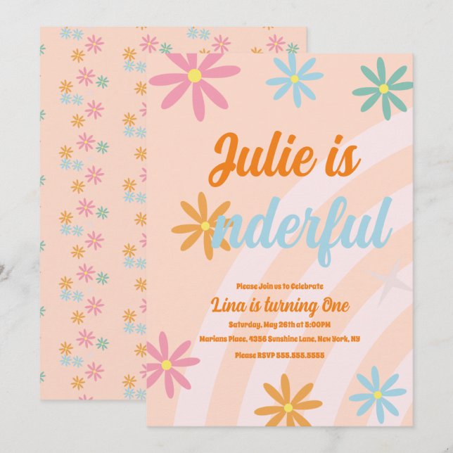 Invitation Boho Rainbow Terreuse Première Anniversaire Oneder (Devant / Derrière)