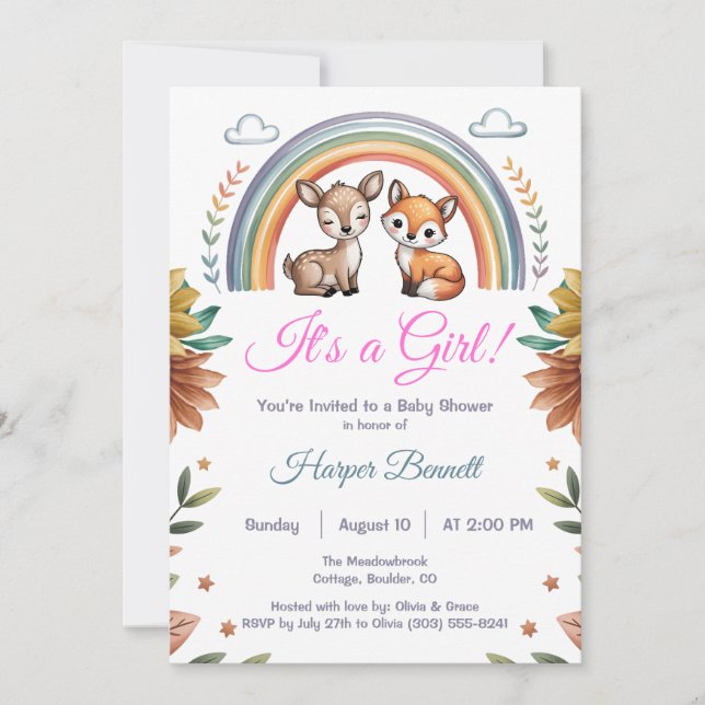 Invitation Boho Rainbow Woodland Animaux Fille Baby shower (Devant)