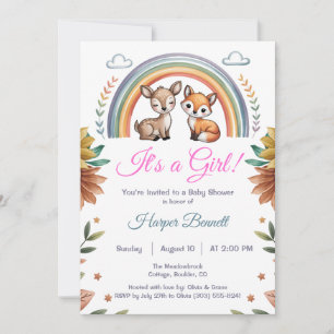 Invitation Boho Rainbow Woodland Animaux Fille Baby shower