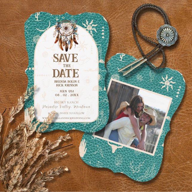 Invitation Boho Ranch Mariage Turquoise Photo Enregistrer la  (Créateur téléchargé)