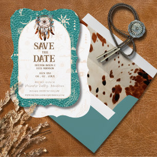 Invitation Boho Ranch Turquoise Faux cuir Enregistrer la date