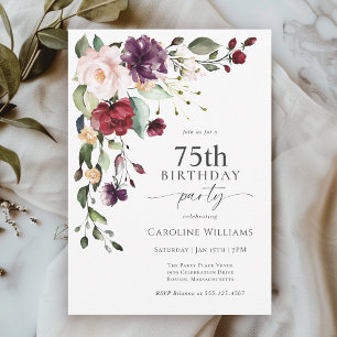 Invitation Boho Red and Purple Floral 75e anniversaire fête