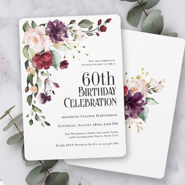 Invitation Boho Red Blush et Purple Floral 60e anniversaire (Créateur téléchargé)