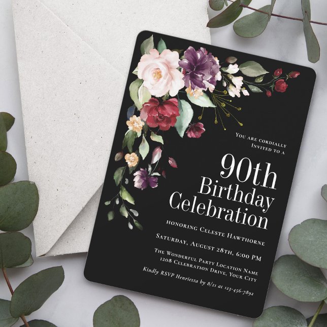 Invitation Boho Red Blush et Purple Floral 90e anniversaire (Available as printed invitations or paperless digital download!)
