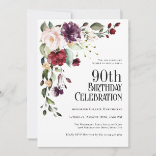 Invitation Boho Red Blush et Purple Floral 90e anniversaire