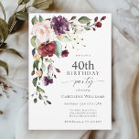 Invitation Boho Red et violet Floral 40e fête d'anniversaire<br><div class="desc">Célébrez un 40e anniversaire dans un style boho magnifique avec cette belle invitation de fête d'anniversaire aquarelle fleurie. Il possède un joli bouquet d'angle fleuri dans la combinaison de couleurs chic de rouge bordeaux, rose roux, violet prune et pêche à la verdure verdoyante éparpillée un peu partout. Il fait un...</div>