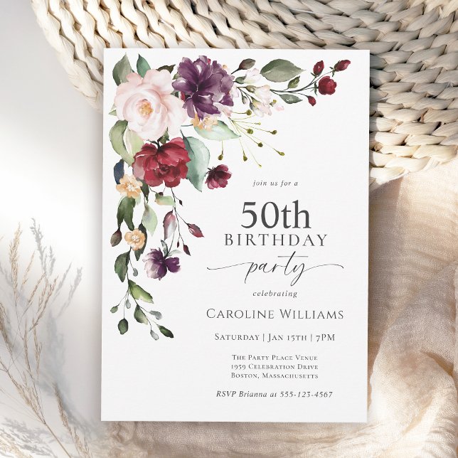 Invitation Boho Red et violet Floral 50e fête d'anniversaire (Available in both printed and instant download digital formats.)