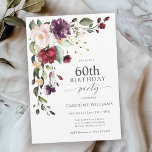 Invitation Boho Red et violet Floral 60e fête d'anniversaire<br><div class="desc">Célébrez un 60e anniversaire dans un style boho magnifique avec cette belle invitation de fête d'anniversaire aquarelle fleurie. Il possède un joli bouquet d'angle fleuri dans la combinaison de couleurs chic de rouge bordeaux, rose roux, violet prune et pêche à la verdure verdoyante éparpillée un peu partout. Il fait un...</div>