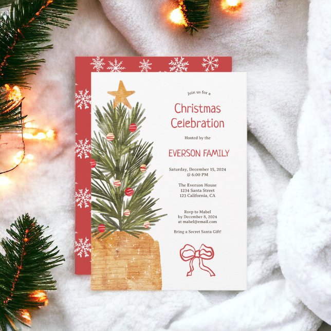 Invitation Boho Red et White Scandi Christmas Tree Party (Boho Red and White Scandi Christmas Tree Party Invitation)