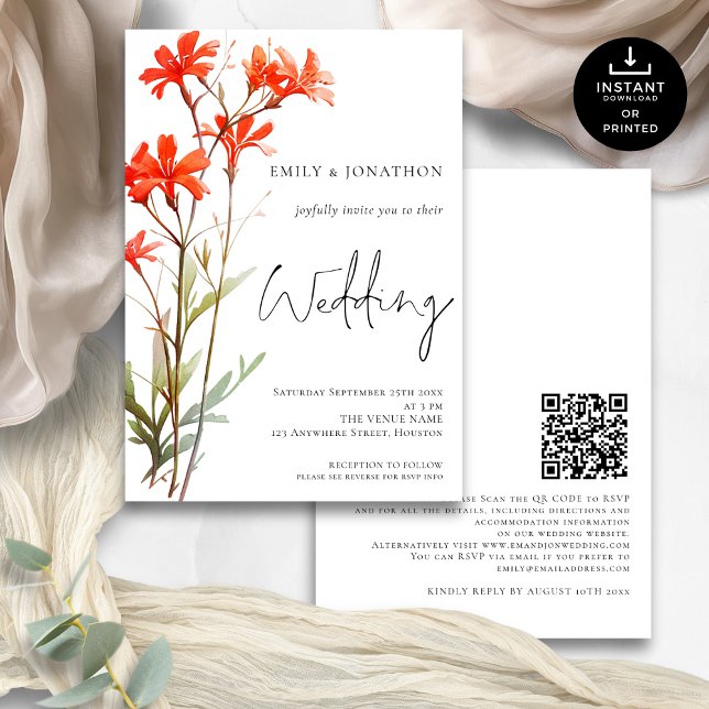Invitation Boho Red Fleurs sauvages QR Code Mariage de script (Front and back view)