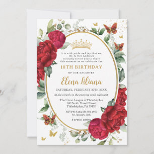 Invitation Boho Red Peonies Floral Butterflies 18e anniversai