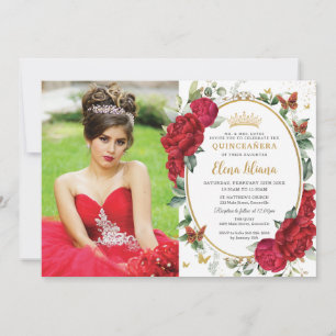 Invitation Boho Red Peonies Floral Butterflies Quinceañera