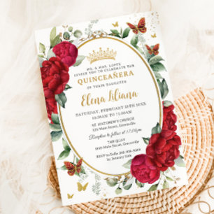 Invitation Boho Red Peonies Floral Butterflies Quinceañera