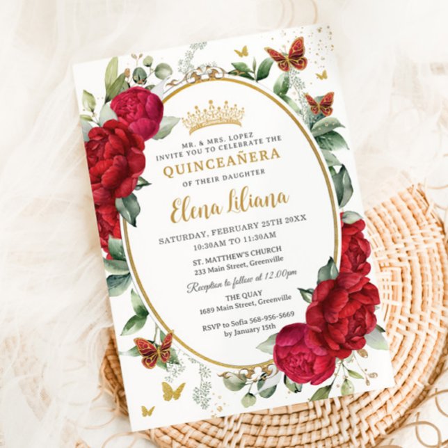 Invitation Boho Red Peonies Floral Butterflies Quinceañera (Créateur téléchargé)
