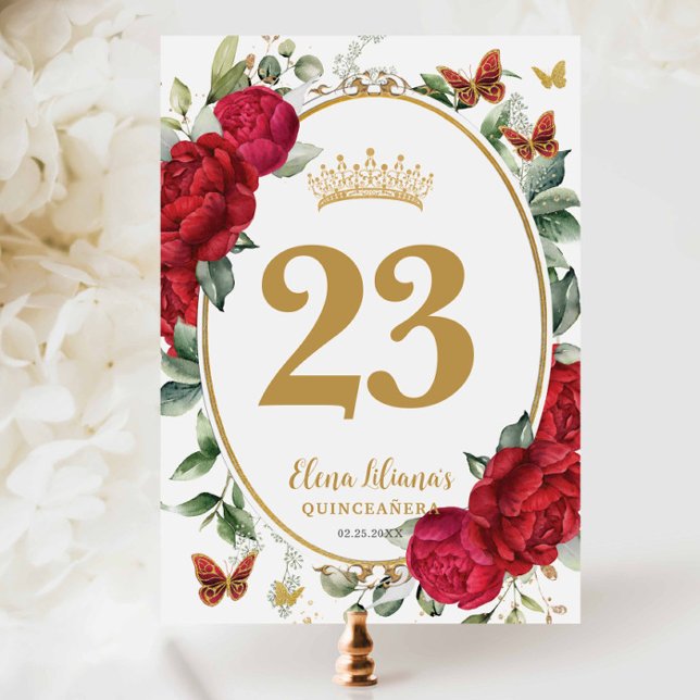 Invitation Boho Red Peonies Floral Quinceanera Table Number (Créateur téléchargé)