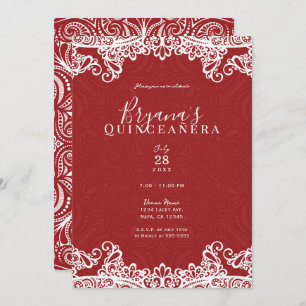 Invitation Boho Red White Lace Bold 15ème 15 Quinceañera Part