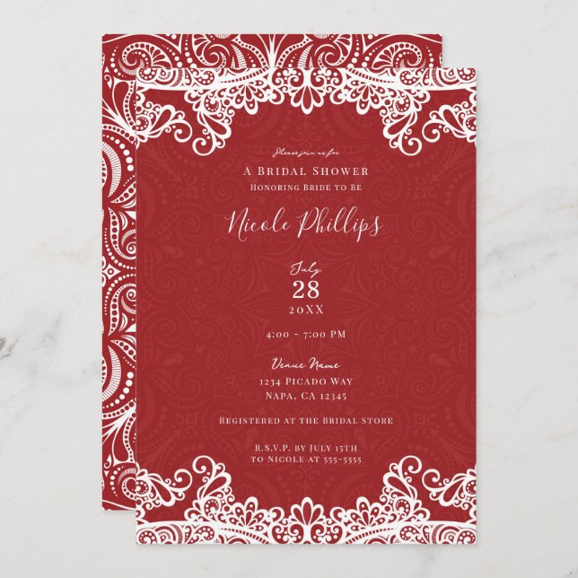 Invitation Boho Red & White Lace Bold Motif Fête des mariées (Devant / Derrière)