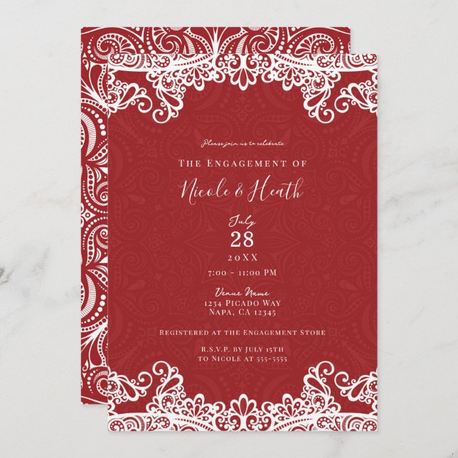 Invitation Boho Red & White Lace Bold Motif Fiançailles (Devant / Derrière)