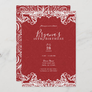 Invitation Boho Red & White Lace Bold Motif Sweet 16 Party