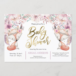 Invitation Boho, Renard des bois, Floral, Bébé fille Douche