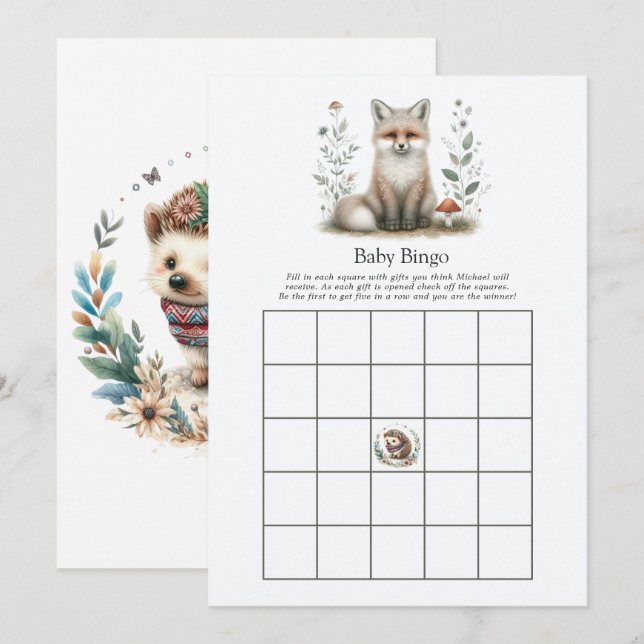 Invitation Boho Renard et Hérisson de la Forêt Bingo Baby Sho (Devant / Derrière)