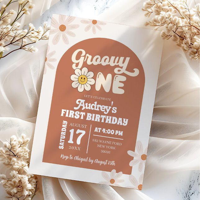 Invitation Boho Rétro Daisy Groovy Premier Anniversaire (Créateur téléchargé)