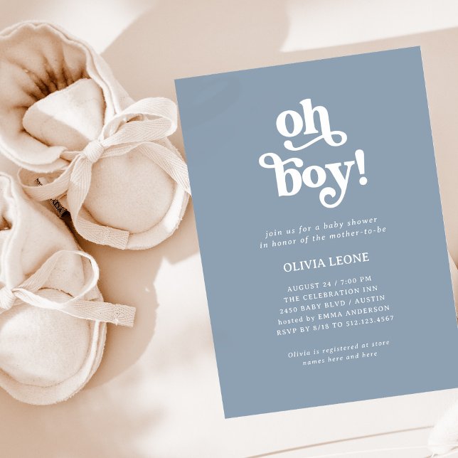 Invitation Boho Retro Dusty Blue | Oh Boy Baby shower (Créateur téléchargé)