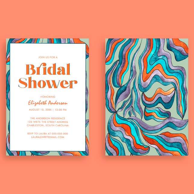 Invitation Boho Retro Green Typographie Fête des mariées vagu (Front and Back)