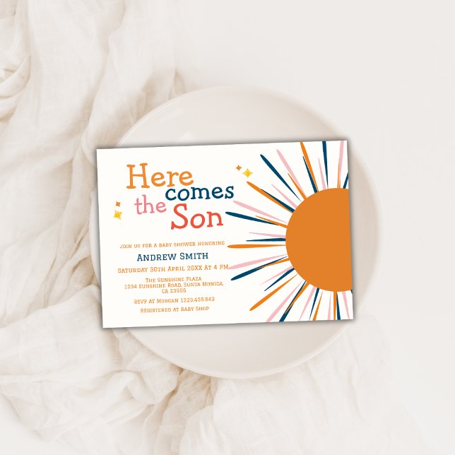 Invitation Boho Retro Moderne Voici Le Baby shower Son (Modern Boho Retro Here Comes The Son Baby Shower Invitation)