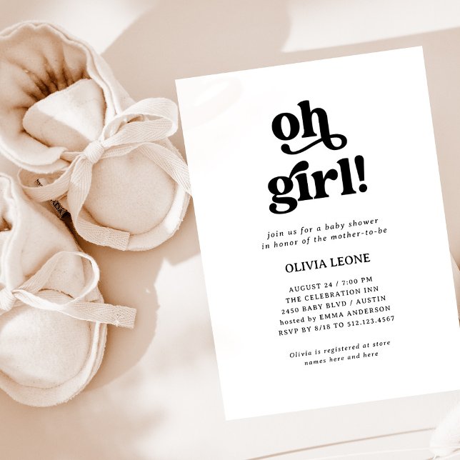 Invitation Boho Retro noir et blanc | Oh Baby shower fille (Créateur téléchargé)