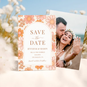Invitation Boho Retro Orange Daisy Floral Enregistrer La Date