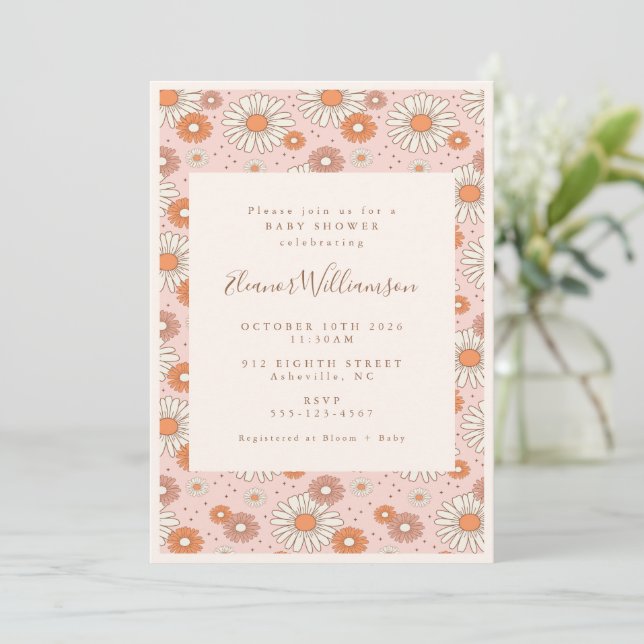 Invitation Boho Retro Pastel Baby shower floral rose (Debout devant)