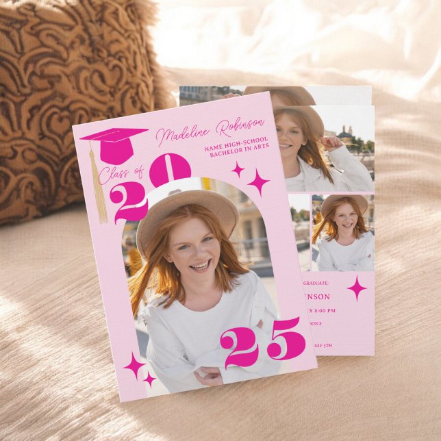 Invitation Boho Retro Rose Stars Moderne 4-Photo Graduation (Boho Retro Pink Stars Modern 4-Photo Graduation Invitation)