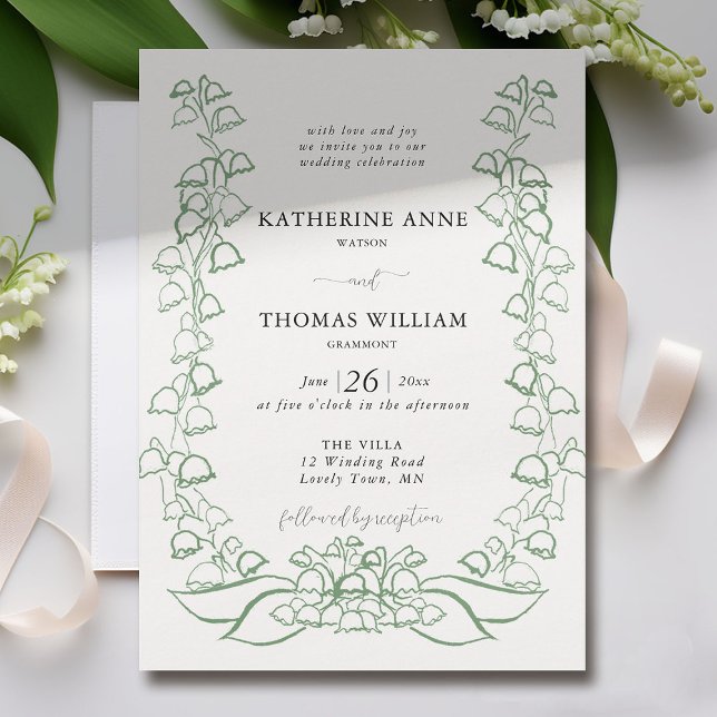Invitation Boho Romantic Sketch Green Lily Valley Mariage (lily of the valley wedding invitation formal non traditional elegant green floral sketch fine art)