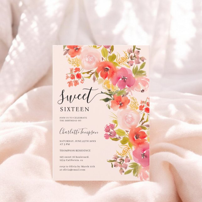 Invitation Boho romantique joli script floral rose doux 16 (Boho romantic pretty floral script pink sweet 16 invitation)