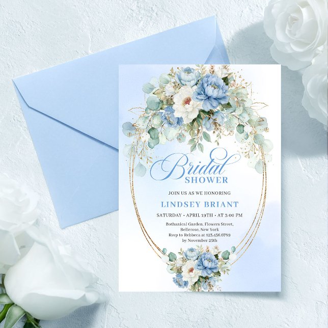 Invitation Boho Romantique Pastel Bleu Pivoine Or Fête de Mar (Romantic Pastel Blue Peony Gold Bridal Shower Invite

)