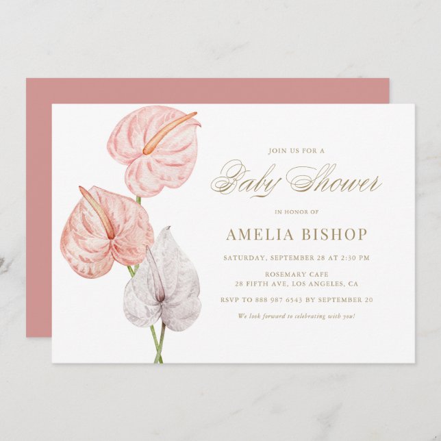Invitation Boho rose Aquarelle Anthuriums Baby shower Or (Devant / Derrière)